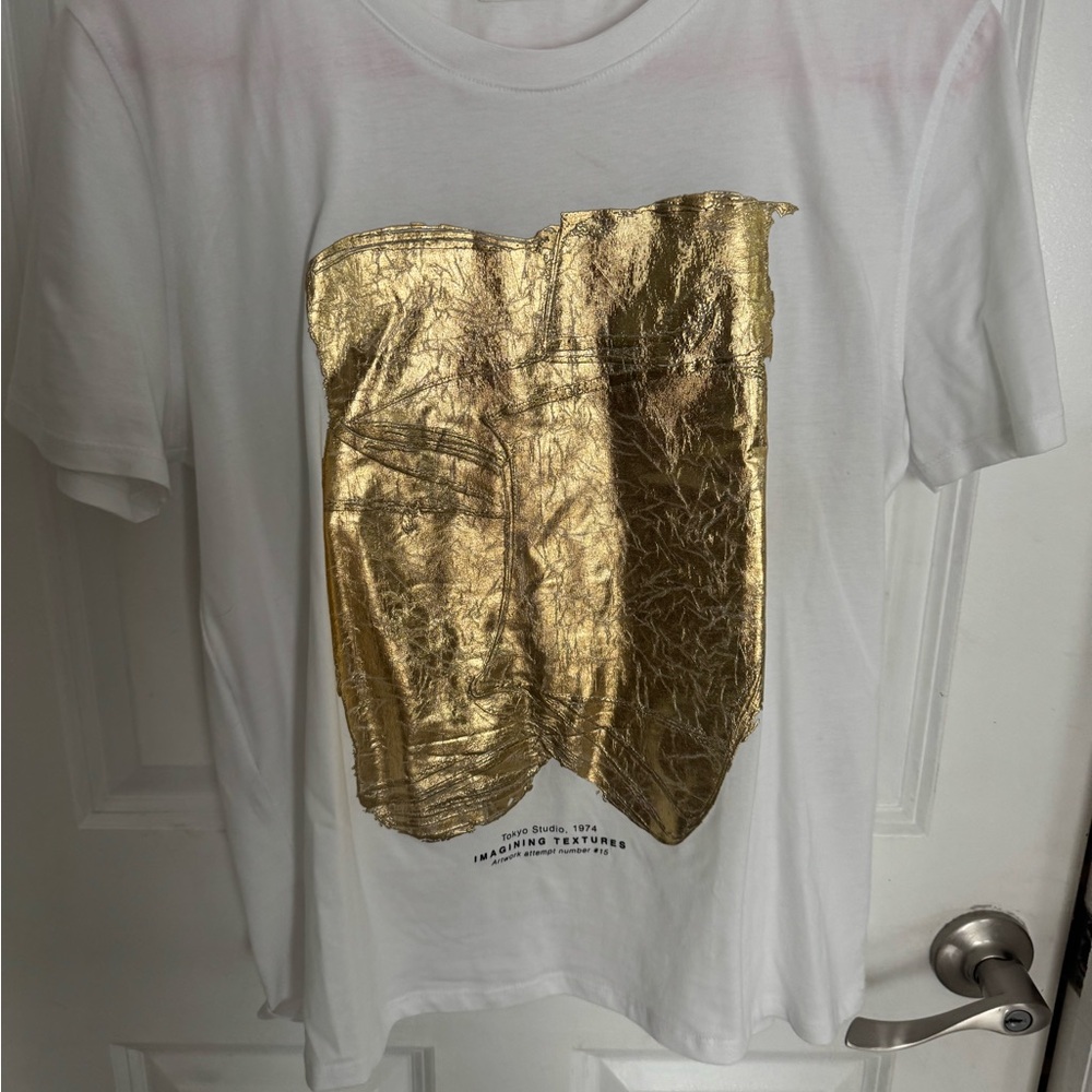 Zara White Tee with Metallic Gold Graphic